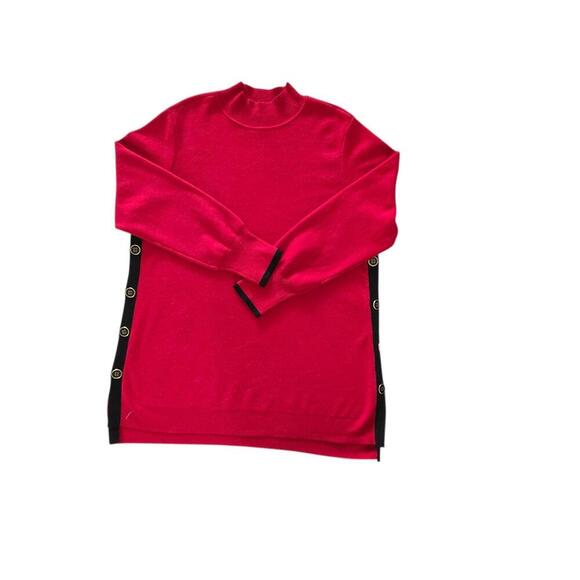 Women's Red Button-Side Sweater with Black Trim - Picture 1 of 6
